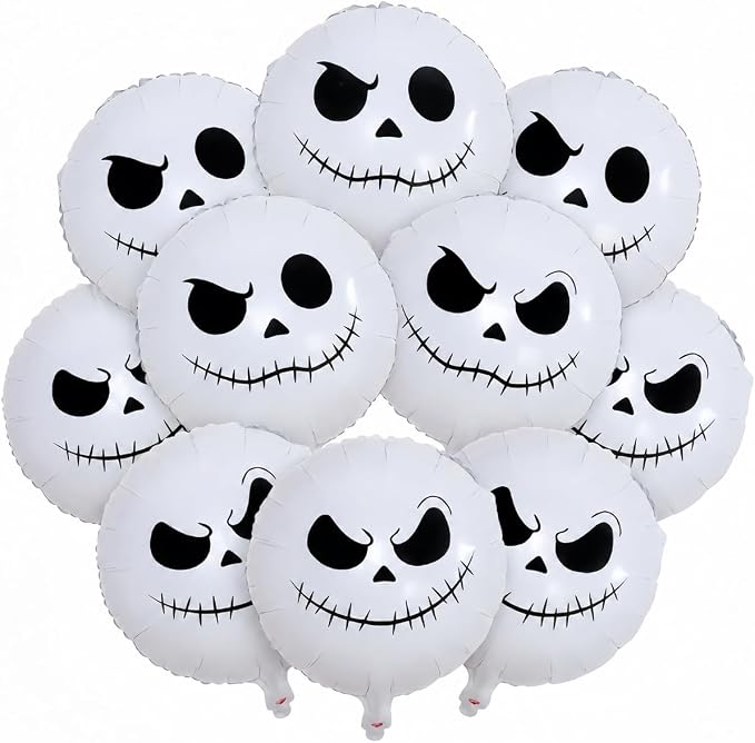 Halloween Skull Balloons Set, 18 Inch White Smiley Face Skull Mylar Foil Balloons Kit for Kids Horror Before Day of the Dead Trick or Treat Christmas Party Decorations Supplies - skull inflatable