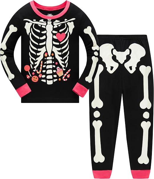 Popshion Kids Skeleton Pajamas Glow in the Dark 100% Cotton Sleepwear Toddler Girls Boys Skull Halloween Pjs Sets 3t-10t - skull pajamas