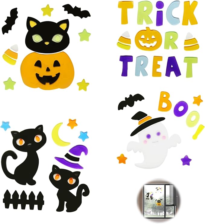4Pcs Thick Gel Window Stickers for Kids - Easy to Install Halloween Window Decors Supplies with Cute Pumpkins, Witches & Bats - skull sticker