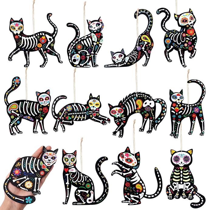 Barydat 12 Pcs Day of The Dead Ornaments, Sugar Skull Cat Ornaments - sugar skull ornament