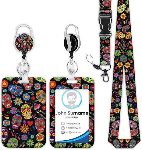 Sugar Skull Badge Holder Reel Lanyard, Halloween ID Card Badge Holder Retractable Name Tag Clips, Funny Nurse Teacher Office Student Gifts - skull backpack