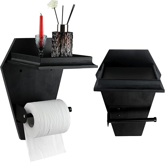 Coffin Toilet Paper Holder with Shelf – Goth Wooden Black Paper Roll Holder – Gothic Halloween Bathroom Decor – Goth Accessories Spooky Home Decor – Witchy Gifts for Women