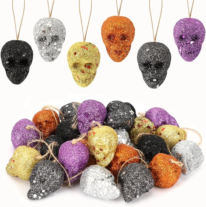 JULMELON 24Pcs Halloween Glitter Skull Tree Ornaments for Party Crafts - sugar skull ornament