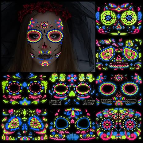 HOWAF Neon Day of The Dead Temporary Tattoos 8 Pairs Face Mask Tattoos, Glow UV Neon Dia De Los Muertos Sugar Skull Face Body Tattoos Sticker for Halloween Mexican Makeup Cosplay Party Supplies - skull headband