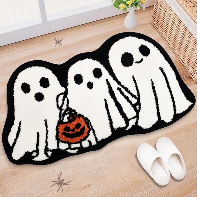 30 x 16 Inch Halloween Ghost Bath Mat, Non-Slip Gothic Bathroom Floor Mat - skull toilet mat