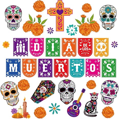 HOWAF 36 PCS Day of The Dead Bulletin Board Decorations, Dia De Los Muertos Mexican Paper Cutouts Bulletin Board Stickers with Glue for Classroom School Party Supplies Skull Cat Chrysanthemum Cutouts - skull sticker