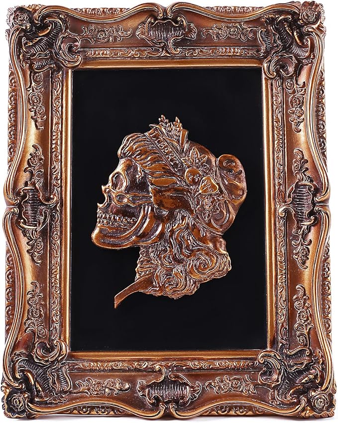 SIKOO Skull Ornaments Gothic Wall Sculpture Vintage Wall Sculptures Antique Wall Art Hand Painted Wall Hanging Skull Decoration Antique Pediment Wall Statue Gallery,Bronze Gold