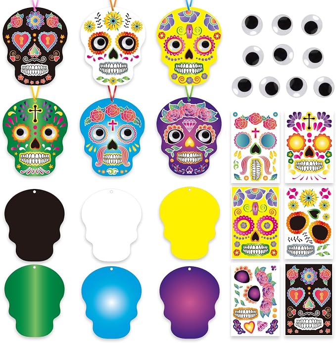 HOWAF 24 Pieces Day of The Dead Craft Kits Dia De Los Muertos Stickers with 40pcs Eye Stickers Decorations Make Your Own Skull Hanging Ornament, Day of The Dead Ornaments Set for Class Activities - sugar skull ornament