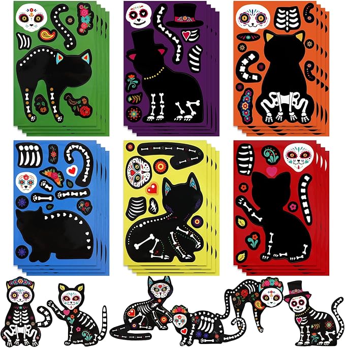 HOWAF 24Pcs Day of The Dead Crafts Kit Make a Cat Skeleton Stickers Make Your Dia De Los Muertos Skull Stickers Halloween Cat Sugar Skull Sticker Decoration for Halloween Kids Crafts Activities - skull sticker