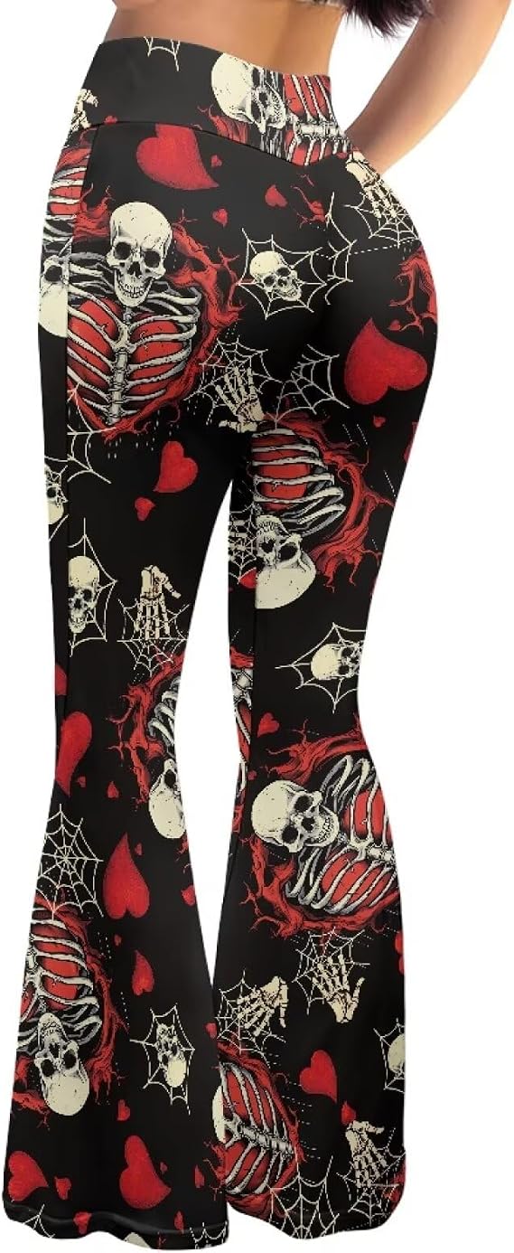 High Waist Hip Lifting Bootcut Yoga Pants Tummy Control Bell Bottom Flared Yoga Leggings for Women Size XS-2XL - skull leggings