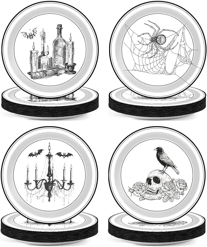 CHUNNIN 60pcs Halloween Paper Plates Vintage Gothic Dessert Plates 9Inch - skull bottle