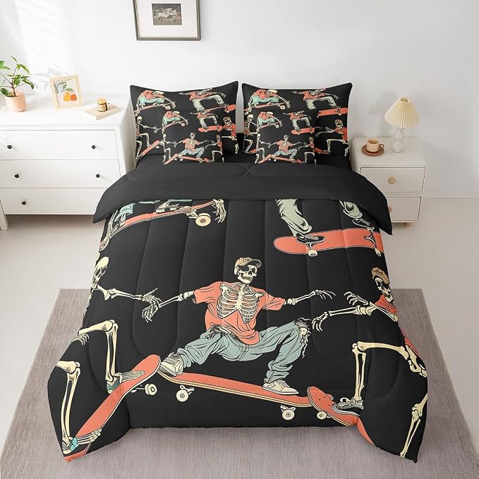 Erosebridal Kids Skull Bed in A Bag Twin Boys Skateboard Sports - skull bedding