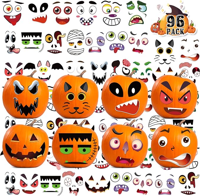 LINAYE 96 PCS Pumpkin Face Halloween Pumpkin Stickers for Kids - skull sticker