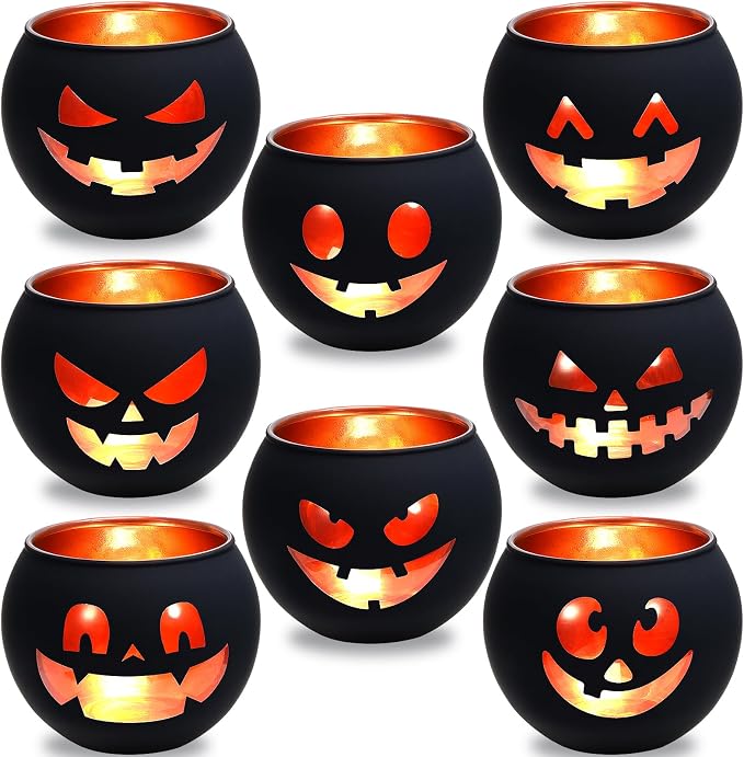 8 Pack Halloween Votive Candle Holders,Black Glass Tealight Holders - skull candle