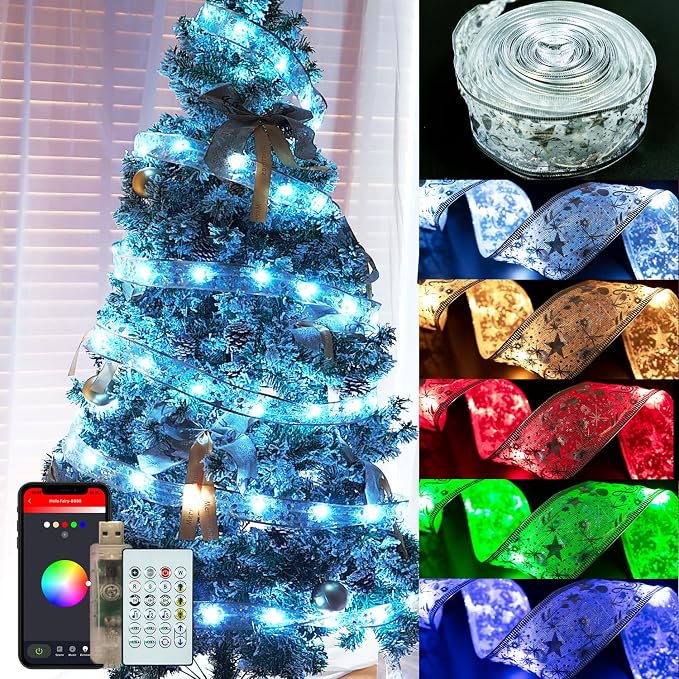Smart Christmas Tree Ribbon String Lights, 33ft 80 Modes Colors Changing Ribbon Light for Christmas Tree, APP & Remote Control, Sync Musical, Timer, USB (Silver) - string light