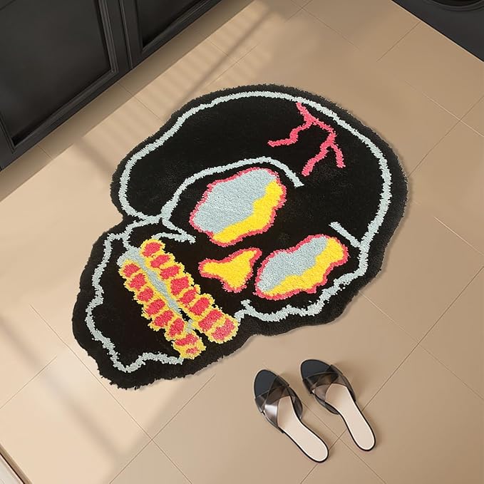 Skull Head Bath Rugs Funny Halloween Rug Absorbent Microfiber Large Area Rug Non Slip Quick Dry Machine Washable Bathroom Floor Mats Cartoon Carpet for Bedroom Bathtub, 2.2 x 3FT (Black) - skull carpet