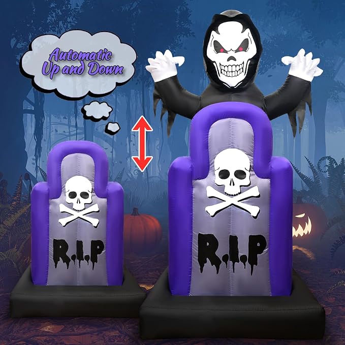 5.5FT Halloween Inflatable Decoration Outdoor Animated Tombstone Blow Ups Grim Reaper Pop Up Decor with Build-in LED Light Lighted Scary Ghost Blowups for Holiday Party Yard Garden Lawn Outside Indoor