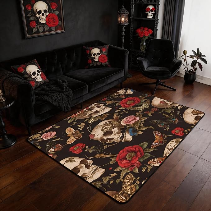 Feelyou Sugar Skull Rose Area Rug 5x7 Living Room Rugs for Bedroom - skull floor mat