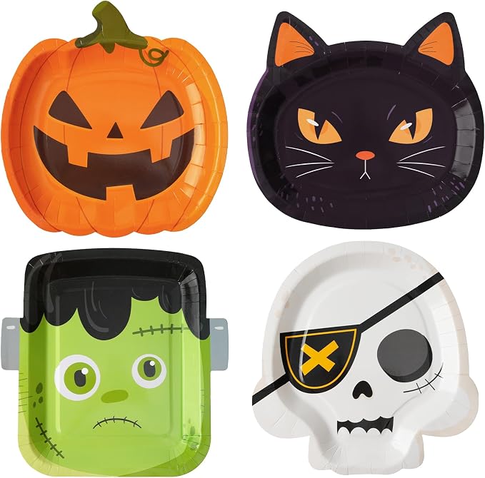 HOMIX Halloween Paper Plates, Disposable Dinner Plates 48 Count Shaped in Pumpkin Skeleton Cat and Frankenstein for Halloween Party Supplies - skull plate