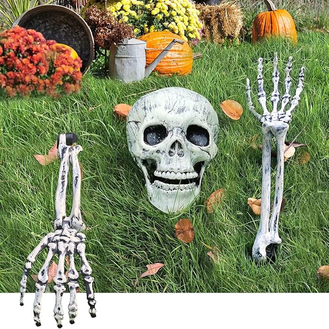 Halloween Skeleton Stakes Decorations, Realistic Skeleton Halloween Decor, Halloween Skeleton Head and Arms with a Stake for Halloween Yard Scary Skeleton Decor (Skeleton Stake 3pcs) - skeleton