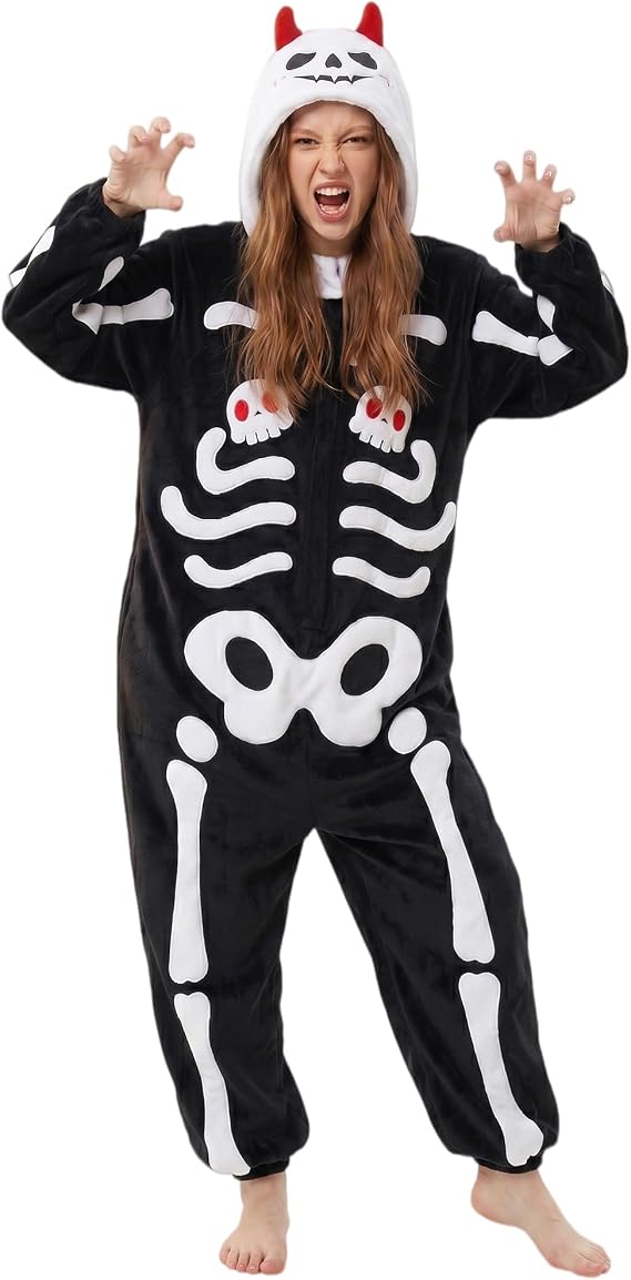 OLAOLA Adult Onesie, Halloween Costume Cosplay Animal One-Piece Pajamas - skull pajamas