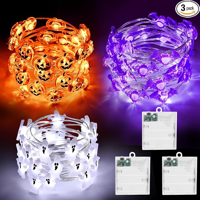 cshare Halloween String Lights, Pumpkin Ghost Bats Mini Halloween Lights with Timer Indoor Battery Operated 9.8ft 30LED Trick or Treat Decorations for Home Decor Indoor Party Holiday - string light