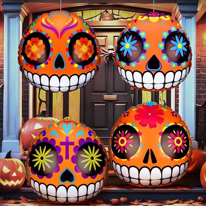 Soaoo 4 Pcs Halloween Inflatable Sugar Skull Pumpkin Day of the Dead Decor - skull inflatable