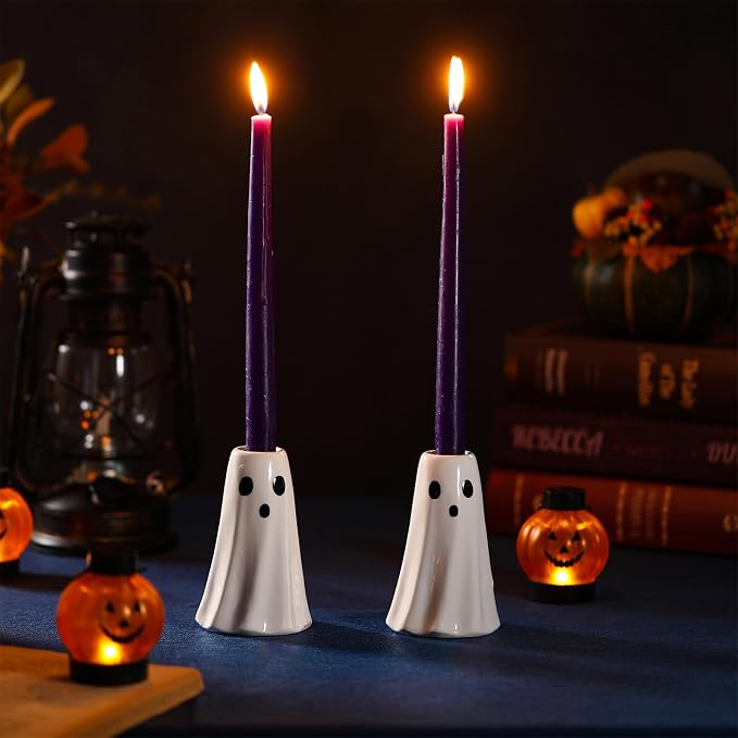 Jingmore 3 Pcs Halloween Ghost Candle Holders Ceramic Taper Candlestick - skull candle