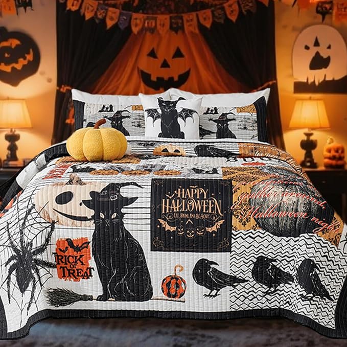 Cmfshape Halloween Quilt Set Bedspread Set,3 Piece Halloween Black Cat Pumpkin Spider Skull Themed Bedding Set Queen Size,Reversible Coverlet Set with 2 Pillow Shams (Queen 90″x90″)