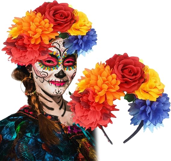 Furimuk Mexican Flower Crown Headband Halloween Day of the Dead Headwear Floral Headpiece for Women Party Costume Accessories - skull headband