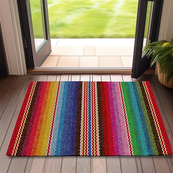 Front Door Mat,Mexican Indoor Outdoor Entrance Ethnic Stripes Rainbow Welcome Doormats,Non-Slip Low Profile Entryway Mats for Porch Patio 17”x30”