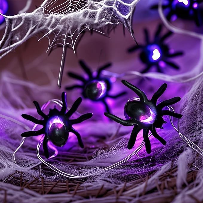 Halloween Decoration indoor Spider String Lights,16.5Ft Copper Wire String Lights with 50LED Little Black Spiders, Battery Operated Purple Fairy Lights for Home Bedroom Mantel Party Halloween Decor - string light