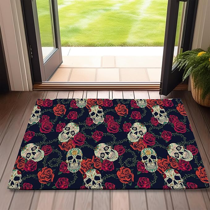 Halloween Sugar Skulls Welcome Door Mat,Vintage Roses Doormat for Outside Entrance Home Decor,Non-Slip Carpet Rugs with Felt Entryway Mat for Patio Indoor Front 17" x 30" - skull toilet mat