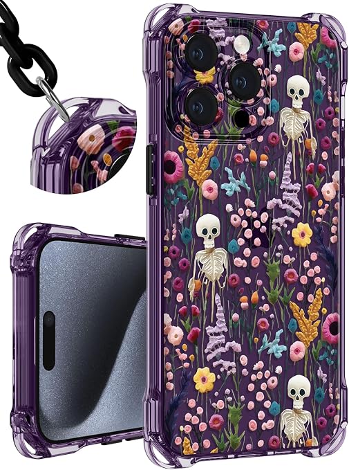 Toycamp Wrist Strap Phone Case, Skull Flower, for iPhone 13 Pro Max - Skull phone case