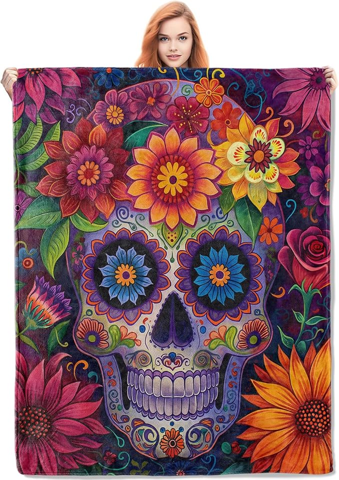 Sugar Skull Blanket, 50"x60" Halloween Skull Flannel Fleece Throw for Kids & Adults, Ultra-Soft and Warm Home Decor Blanket, Skull Gifts - skull blanket