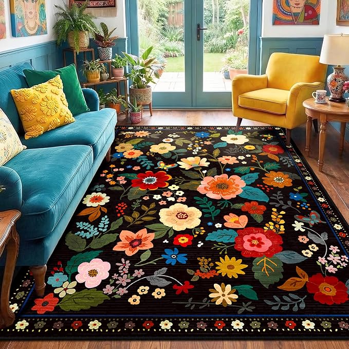 RELEANY Floral Washable 5×7 Area Rugs Black