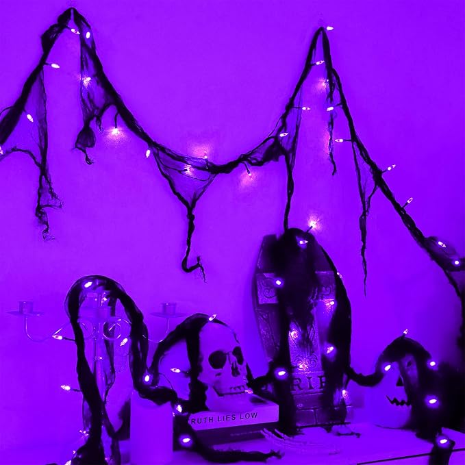 Battery Powered Halloween String Lights, Purple 30LED with Black Gauze - string light