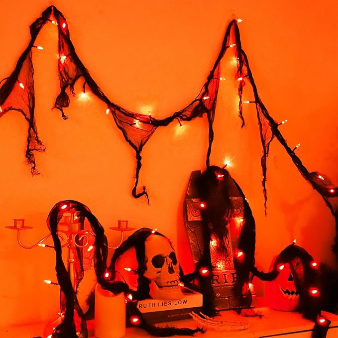 Halloween Lights Battery Operated Indoor, Orange 30LED with Black Gauze - string light