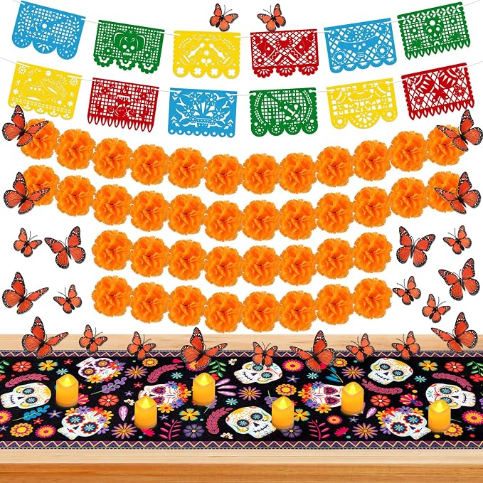 72PCS Dia De Los Muertos Decorations Set Table Runner Banner - skull carpet