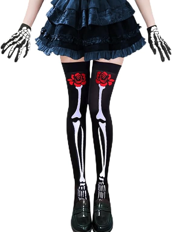 Day of The Dead Thigh High Stocking Halloween Over Knee Rose Skeleton Socks Full Finger Gloves Set - sugar skull costume