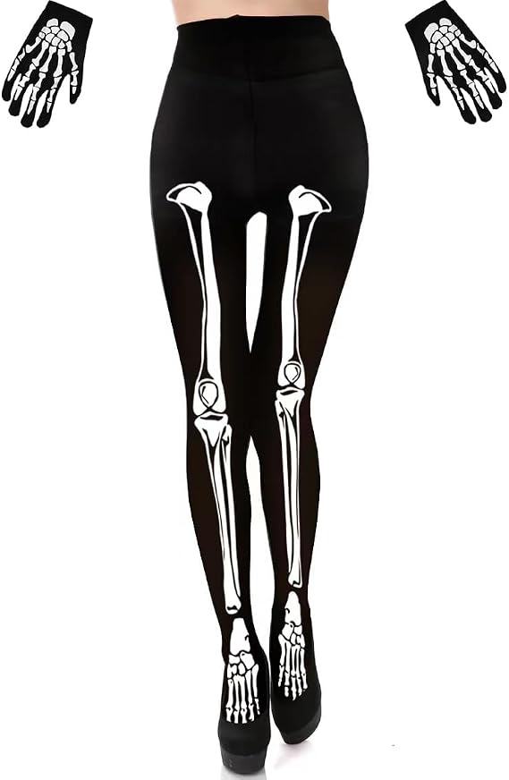 Halloween Skeleton Costume Footed Tights Gloves Set - skull leggings