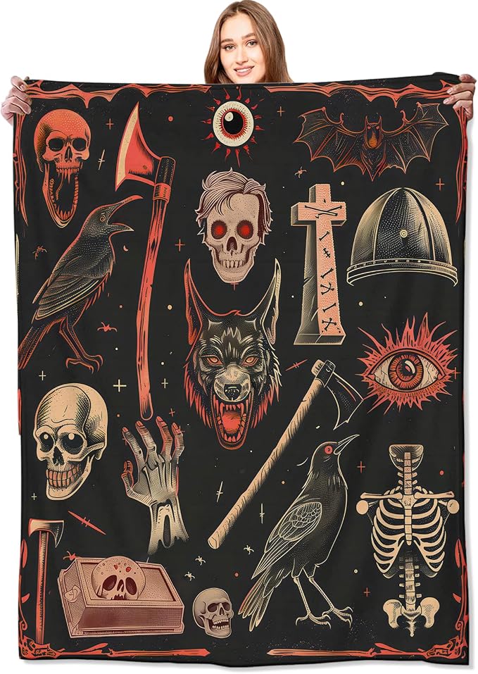 Vintage Gothic Horror Blanket,Creepy Goth Skeleton Skulls Bats Fun Throw Blankets,Gifts for Women Men, Lightweight Soft Fleece Cozy,for Couch Bed Room,Festival Halloween Decor,50x60in - skull blanket