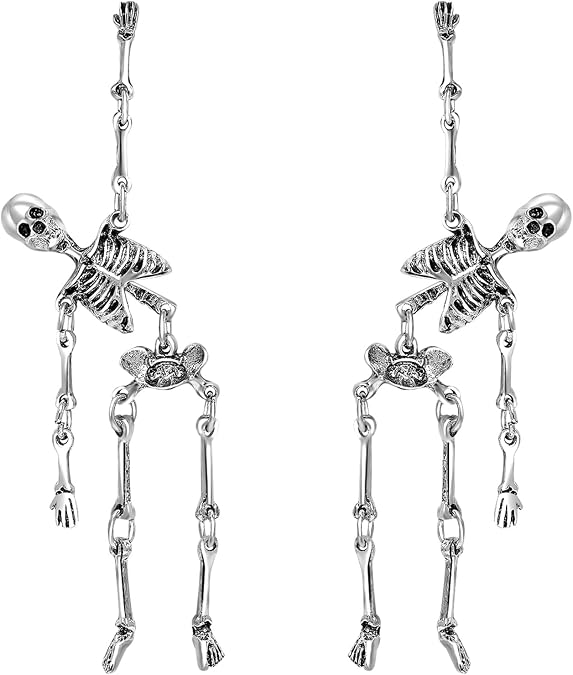 Gothic Skeleton Earrings for Women, Articulated Silver Skull Dangle Jewelry - skull jacket