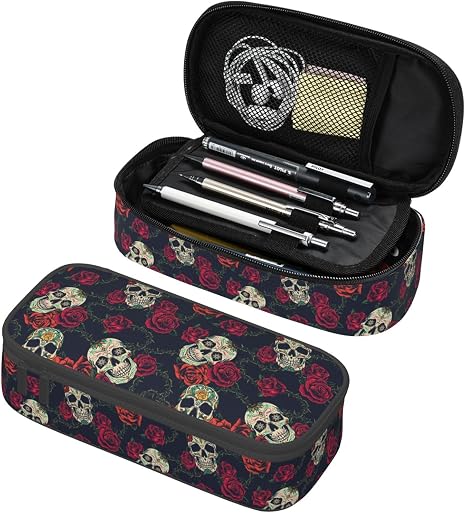 Rose Skull Elegant Pencil Case Organizer Big Capacity Pencil Pouch Stationery With Zipper School Supplies Pencil Bag For Girls Boys Office - skull suitcase