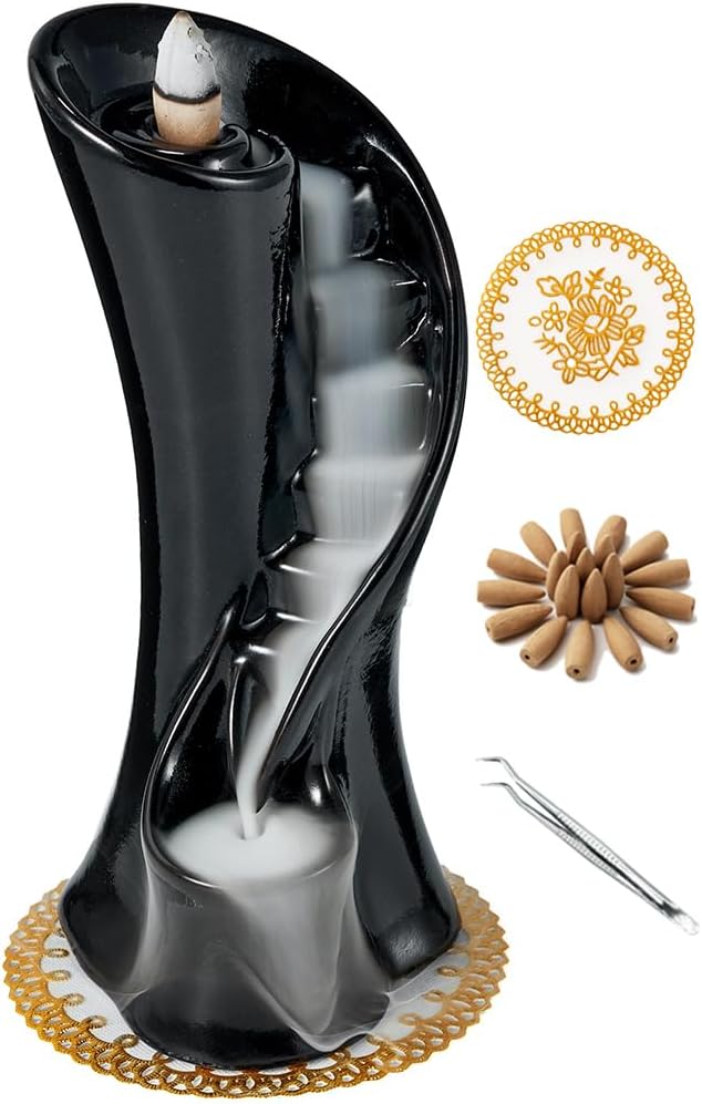 Unique Cloud Stairs Ceramic Waterfall Incense Holder, Paired with a Pack of Backflow Incense Cones. (Black) - skull incense burner
