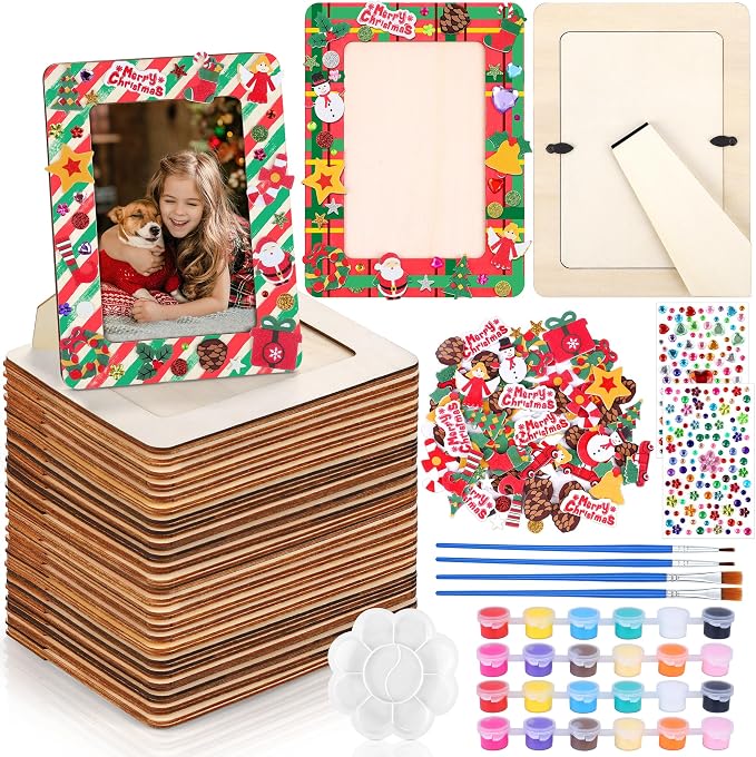 Fovths 24 Packs Christmas Picture Frame Painting Craft Kit with Foam Stickers Rhinestone Stickers Painting Tools Set Brushes Unfinished Wooden Photo Frames Holiday Decoration for Paint and Decorate - skull painting