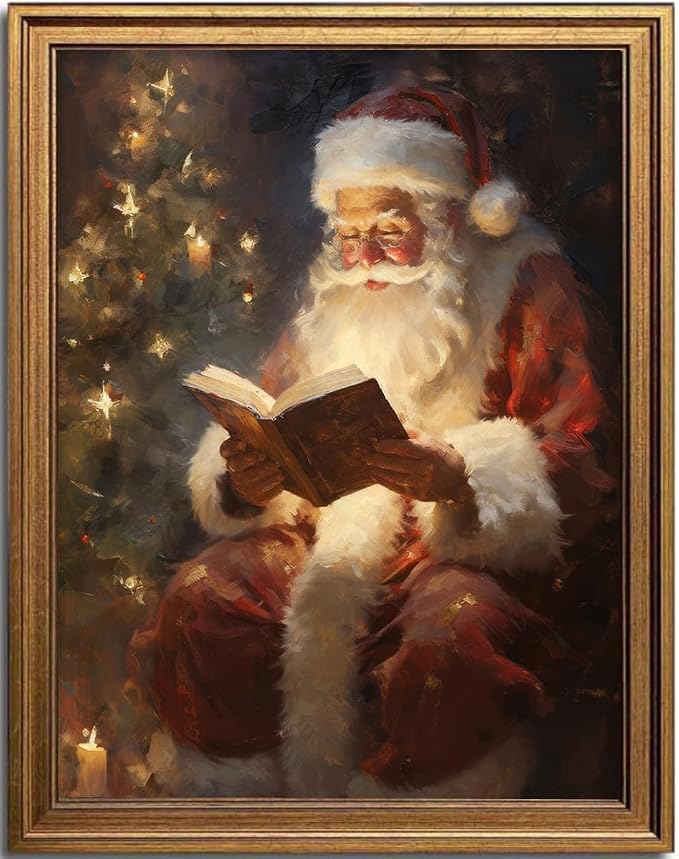 KBKBART Gold Framed Christmas Wall Art, Santa Claus Reading Book Wall Decor - skull wall art