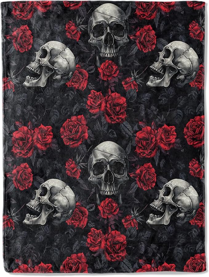 Gothic Skull Rose Throw Blanket 50x60 in, Romantic Elegant Pattern Blankets for Couch Bedroom Halloween Indoor Decor, Lightweight Soft Cozy Bedding Birthday Gift for Kids Boys Adults - skull bedding