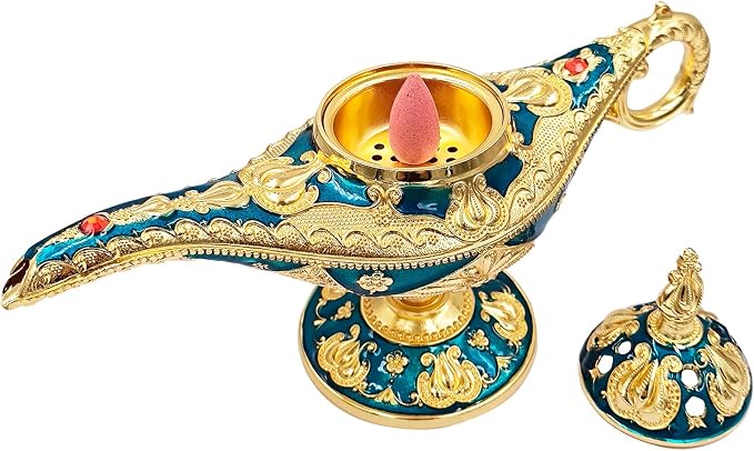Vintage Aladdin Genie Lamp Cone Incense Holder,Legend Magic Lamp Incense Burner Arabian Costume Props,Wishing Light for Home Decor Birthday Party Wedding Blue - skull incense burner
