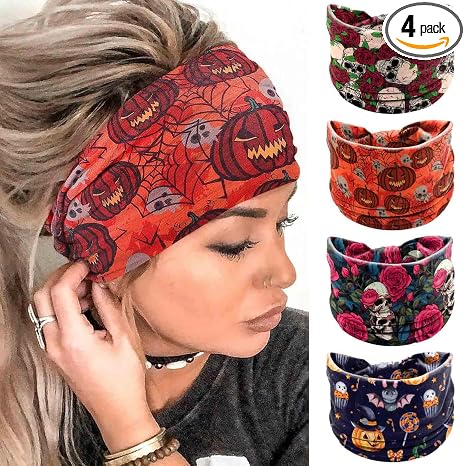Olbye Headbands for Women Wide Knotted Head Bands Ghost Turban Non Slip Hairbands Stretch Pumpkin Workout Head Wraps Yoga Hair Scarf Halloween Hair Accessories for Women 4Pcs (Halloween B) - skull headband